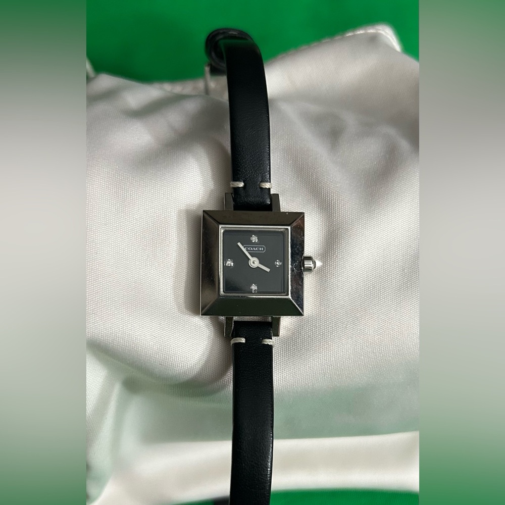 Coach Black and Silver Square Face Watch Leather Strap Diamond Chip Accents